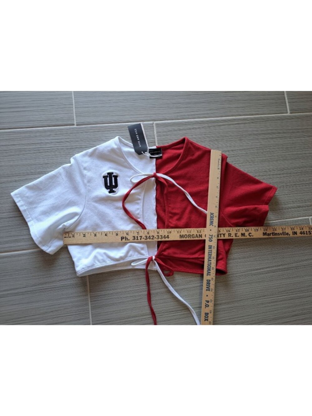 NEW IU Half-Red Half-White Crop Top XL Hype And Vice Front Tie Hoosiers College - Picture 6 of 8